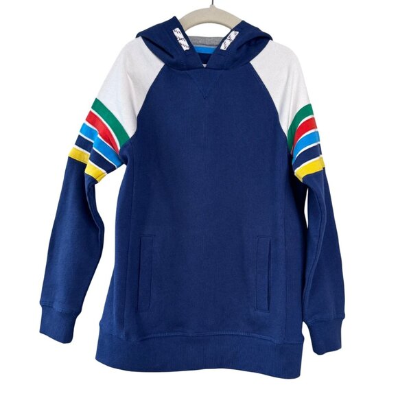Mini Boden Other - MINI BODEN Rainbow Stripe Hoodie Boys 6-7 Navy Blue Sweatshirt Pockets EUC